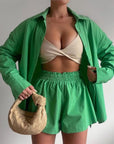 Women Tracksuits Shirt With Mini Shorts Cotton Two Pieces