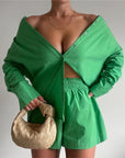 Women Tracksuits Shirt With Mini Shorts Cotton Two Pieces