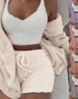 3pcs Long Sleeve Crop Top And Drawstring Shorts Pajama Set