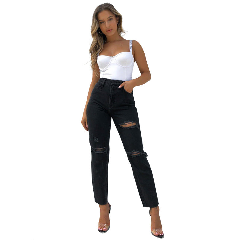 Women&#39;s Fashion Washed Blue Jeans