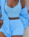 3pcs Long Sleeve Crop Top And Drawstring Shorts Pajama Set