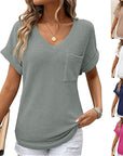 V-neck Summer Short Sleeve Waffle Pocket Shirt