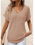 V-neck Summer Short Sleeve Waffle Pocket Shirt