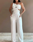 Women's White Three-dimensional Flower Design Sling One-piece Trousers