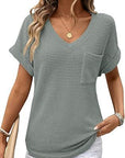 V-neck Summer Short Sleeve Waffle Pocket Shirt