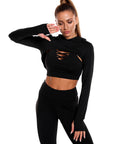 3pc Sports Set - Long Sleeve Hooded Top Hollow Design Camisole