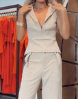 Zip Collar Sleeveless Top Casual Slimming Trousers Suit