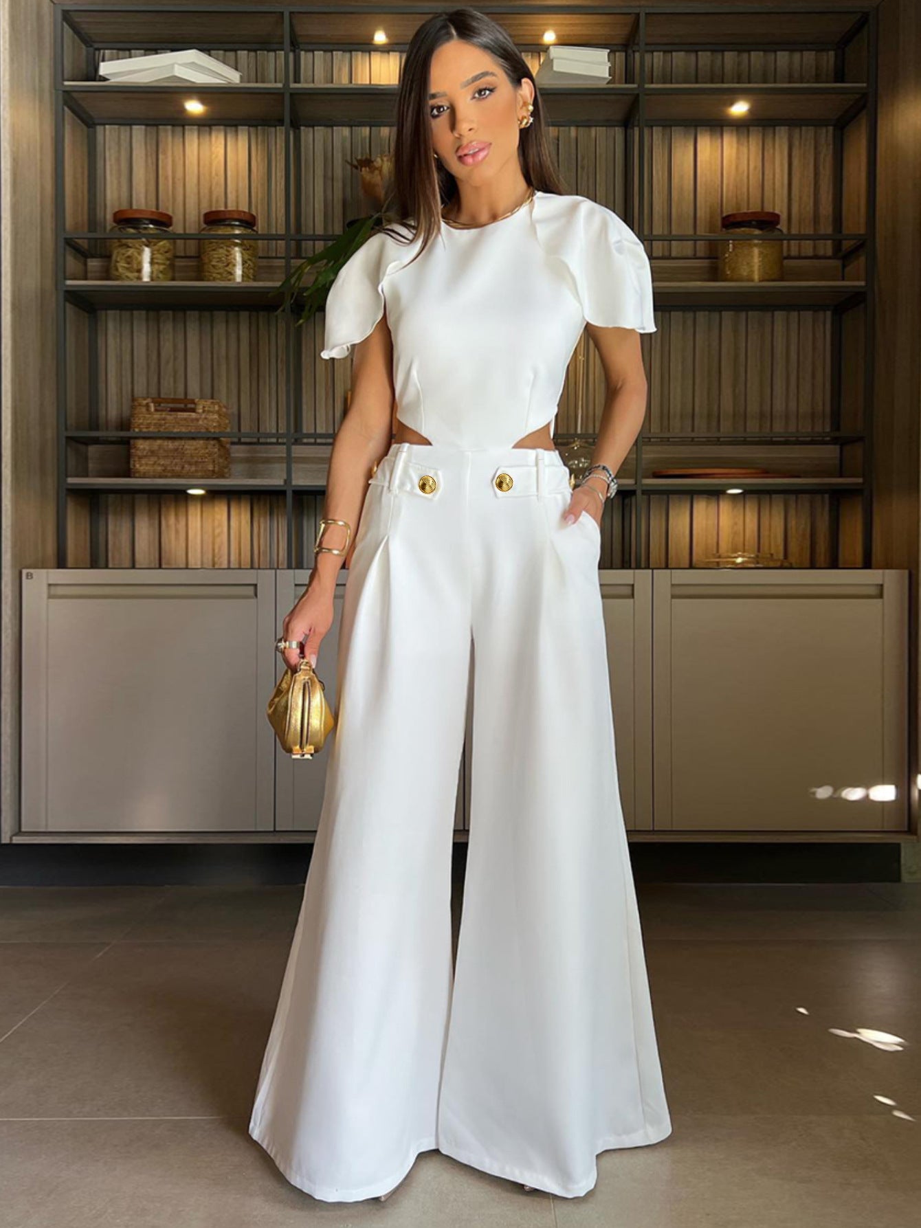 Short-sleeved Jumpsuit Wide Leg Pants Midriff Outfit