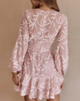V Neck Lantern Sleeve Jacquard Weave Chiffon Dress