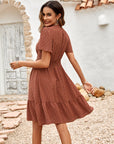 V-neck Solid Color Dress with Ruffled Sleeve