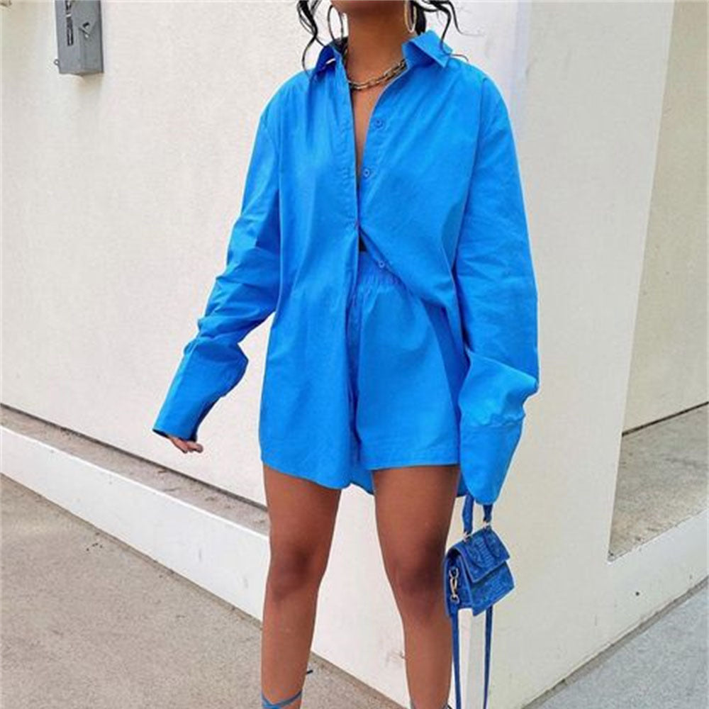 Women Tracksuits Shirt With Mini Shorts Cotton Two Pieces