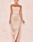 Strapless Sleeveless Solid Color High-Slit Dress