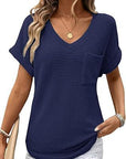 V-neck Summer Short Sleeve Waffle Pocket Shirt