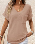 V-neck Summer Short Sleeve Waffle Pocket Shirt